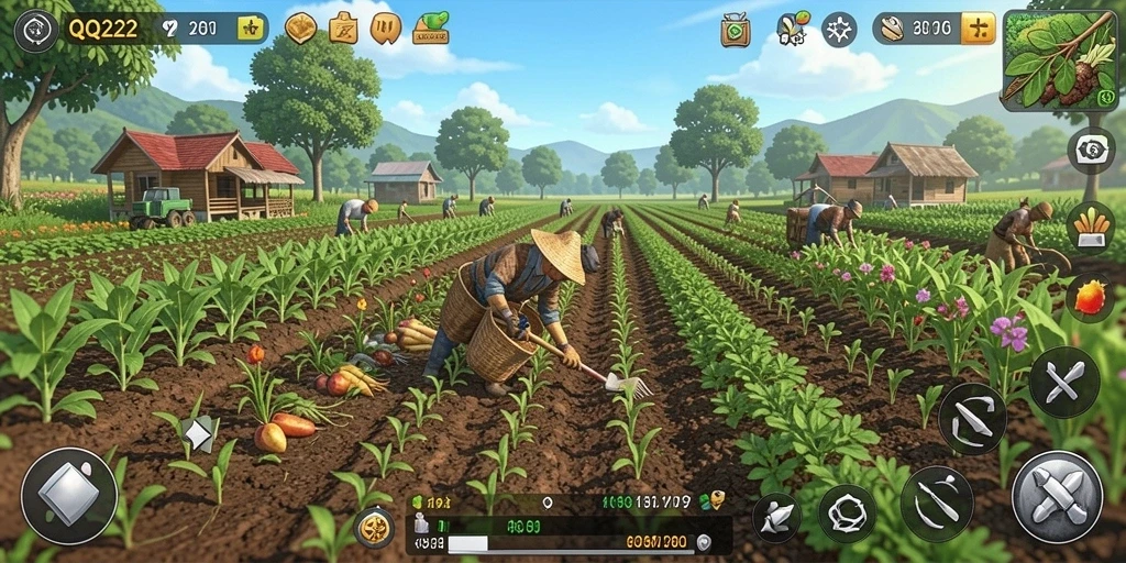 Tampilan gameplay QQ222 saat bertani dengan tanaman yang subur.